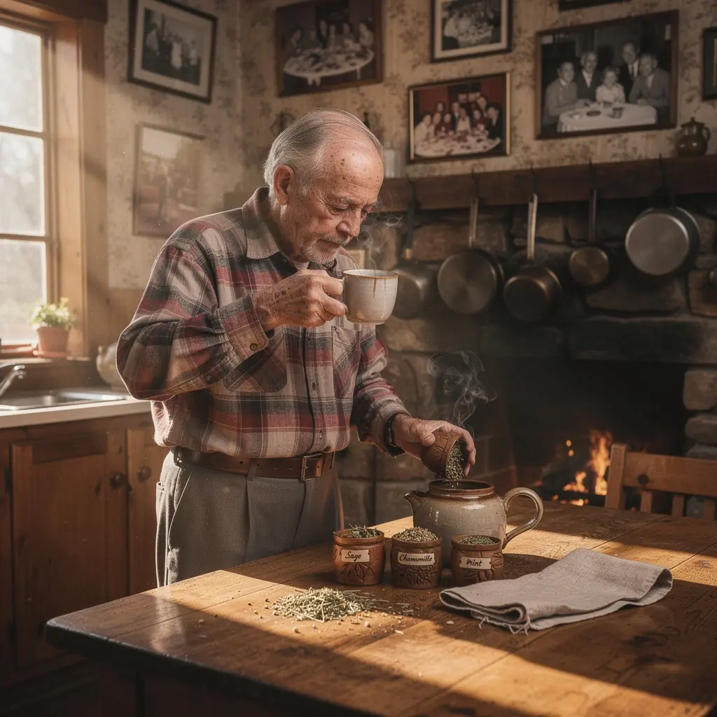 Tradičná keramická šálka s čajom a čerstvými bylinkami v pozadí