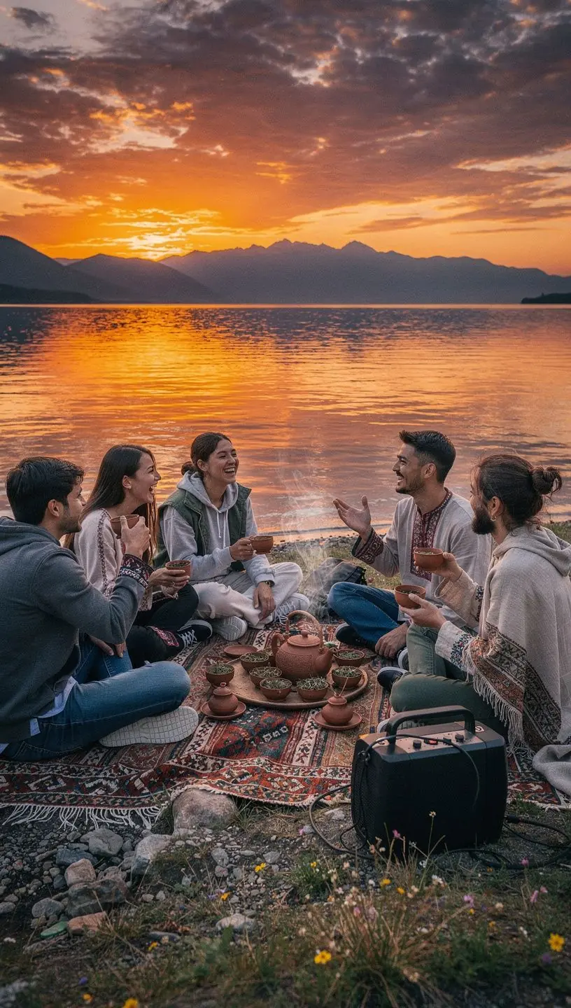 Záber na rodinu, ktorá si vychutnáva čajový rituál v záhrade