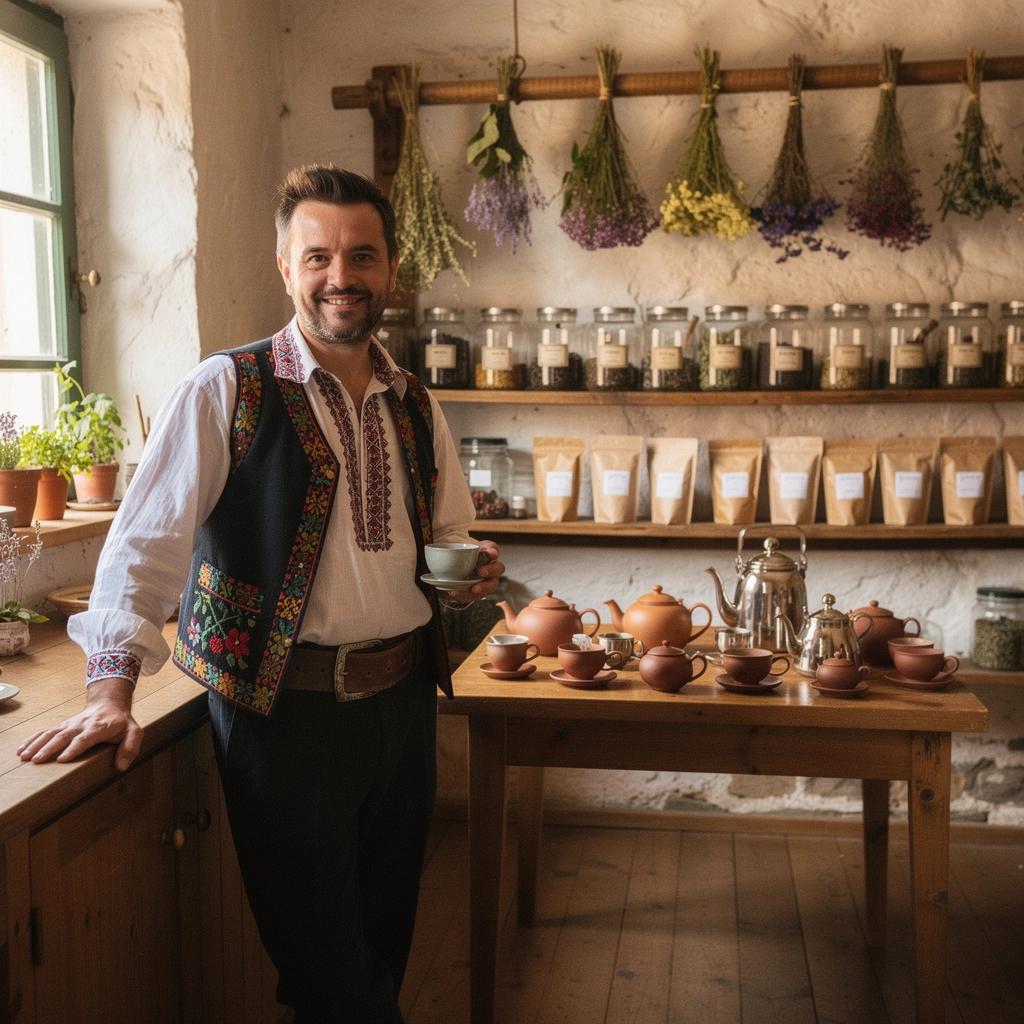 Zelený čaj podávaný v tradičnej keramickej šálke, obklopený bylinkami a kvetmi.